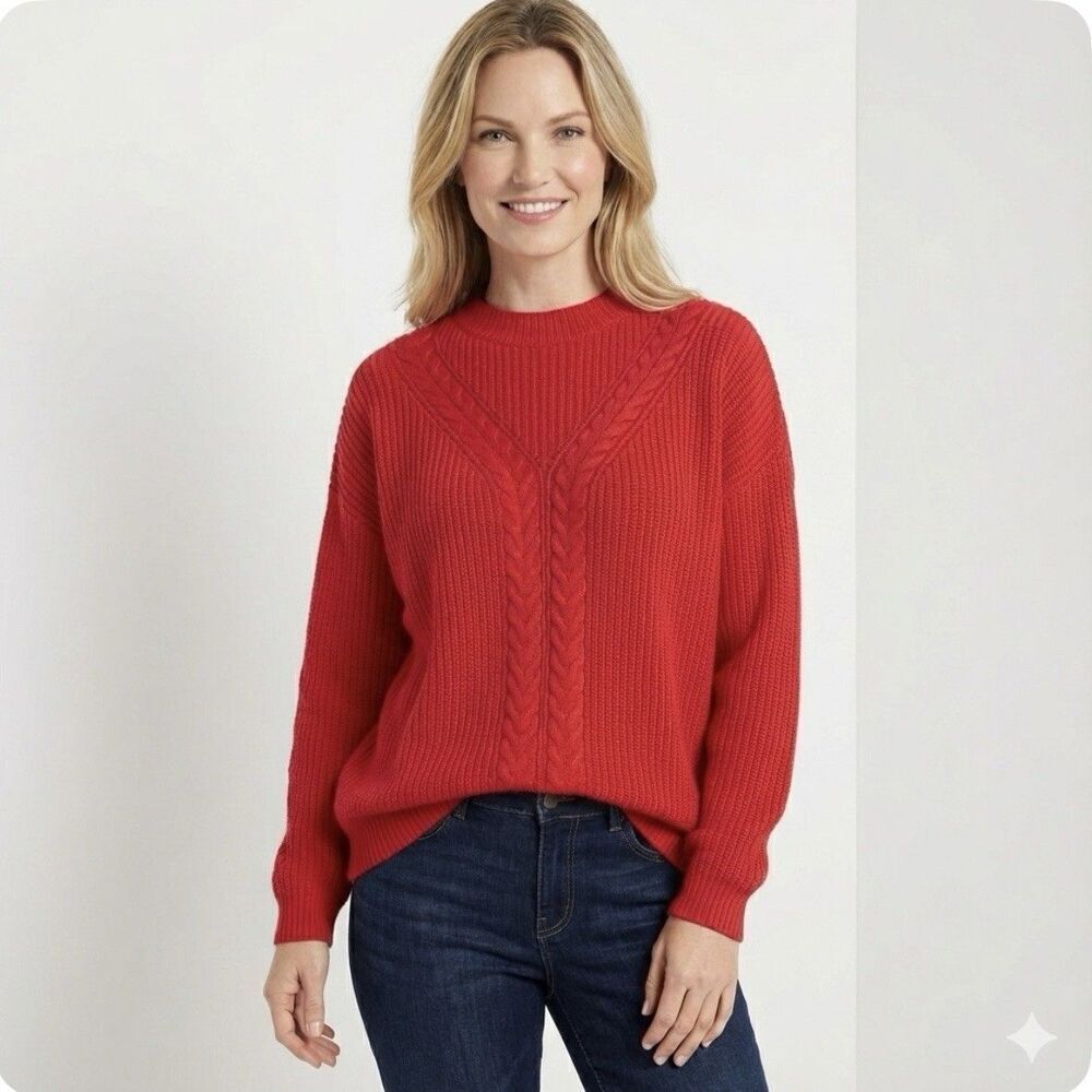 Talbots Red Cable Knit Shaker Sweater Women’s Size L Wool Blend Pullover